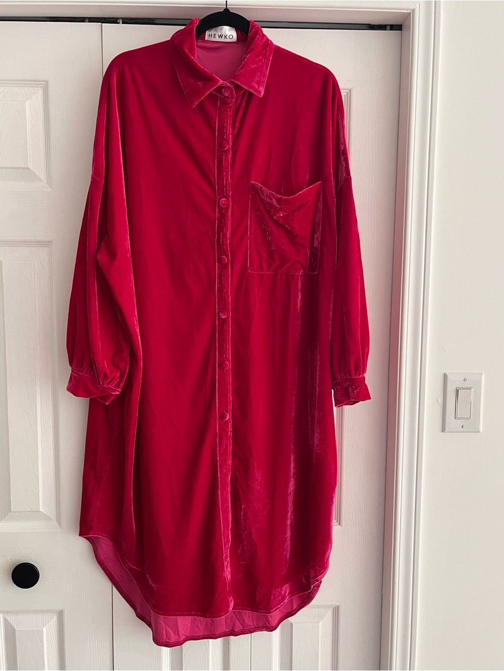 Velvet Button-Front Shirt Dress in Fuscia.